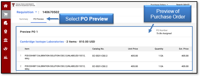 Select PO Preview tab, and the Preview of Purchase Order displays