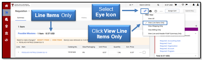 Select the Eye icon and click View Line Items Only