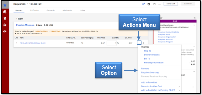Select the Actions menu and then an option from the list of line items
