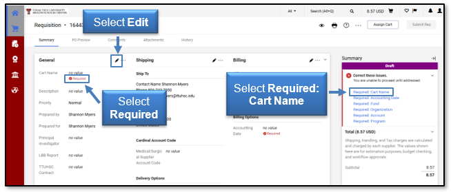 Select Edit; Select Required or Required:Cart Name
