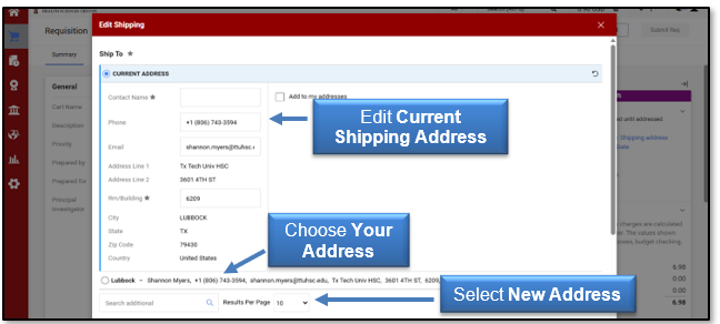 Edit the Current Shipping Address; Choose Your Address or select a New Address