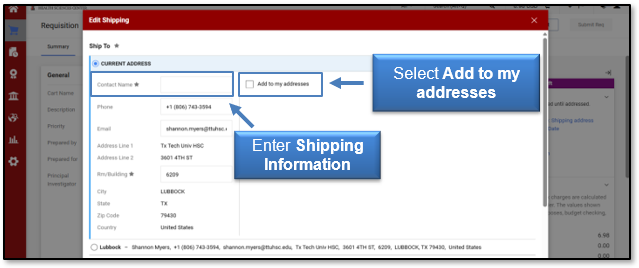 Enter Shipping Information and select Add to my Addresses
