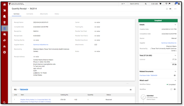 Image display of the Quantity Receipt
