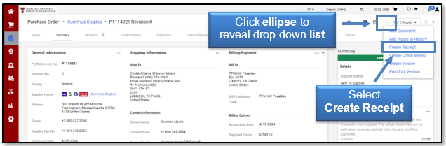 Click ellipse to reveal drop-down list and then select Create Receipt
