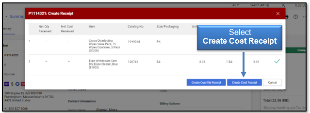 Select Create Cost Receipt button