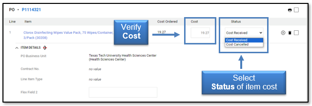 Verify the Cost; select the Status of the item cost
