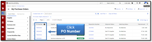 Click a PO Number link in the PO Number column to display