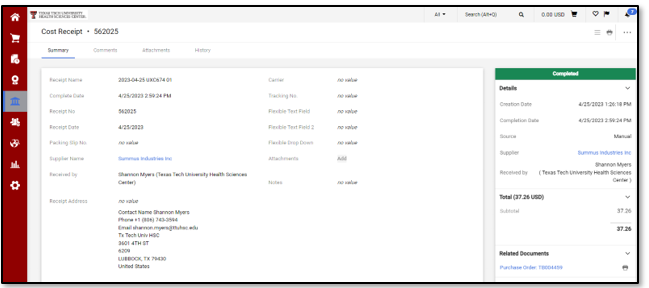 Image displayed of the Cost Receipt