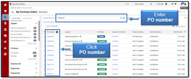 Enter a PO Number and then click a PO Number from search
