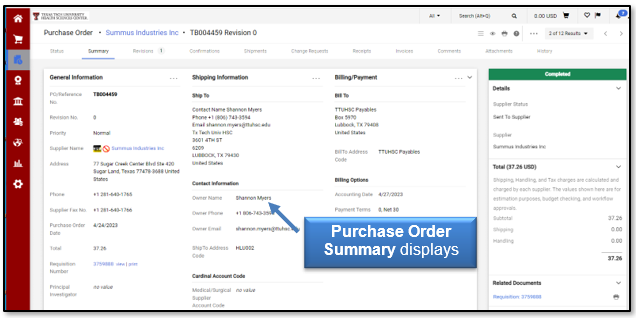 Purchase Order Summary displays
