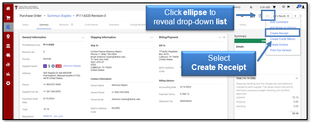 Click ellipse to reveal drop-down list, then select Create Receipt