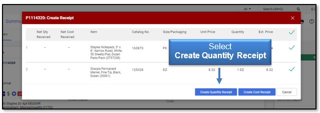 Select the Create Quantity Receipt button