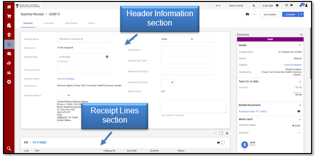 The Header and Receipt Lines sections are shown