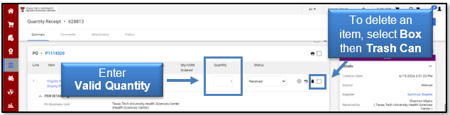 Enter a valid quantity; to delete an item, select the box then trash can