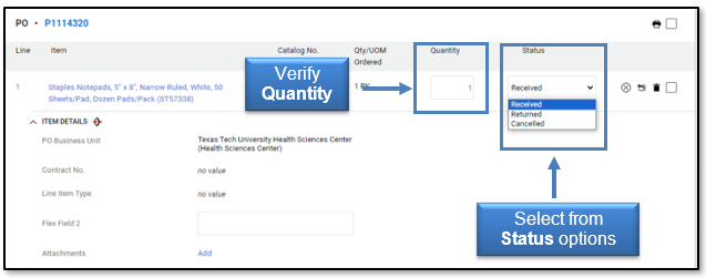 Verify the quantity; select an option form the Status drop-down