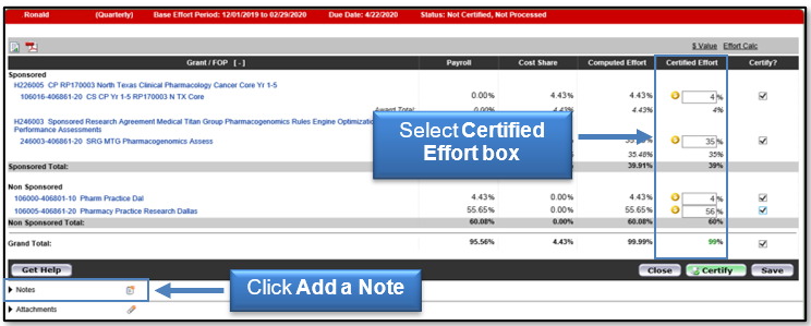 Select a Certified Effort Box to update or change percentage; click Add a Note to describe the changes