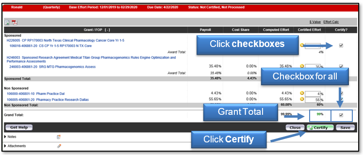 Click a checkboxes; check the grand total and click the Certify button