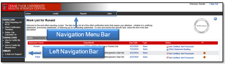 The Navigation menu bar and left Navigation bar are displayed