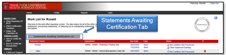 The Statements Awaiting Certification is displayed