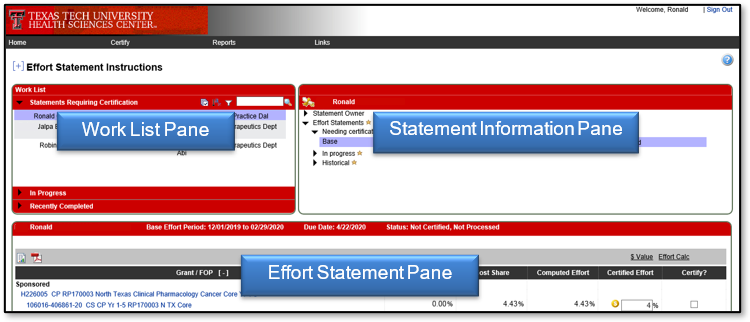 View of the Work List, Statement Information and Effort Statement panes