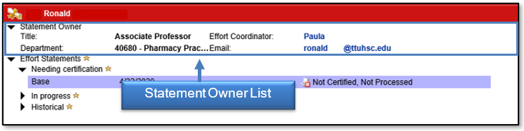 Detailed view of the Work List pane including the Statement Owner List