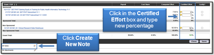 Click in the Certified Effort box and type a new percentage; click Create New Note