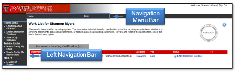 View of the top navigation menu bar and left navigation bar