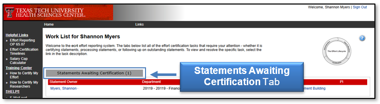 View of the Statements Awaiting Certification tab