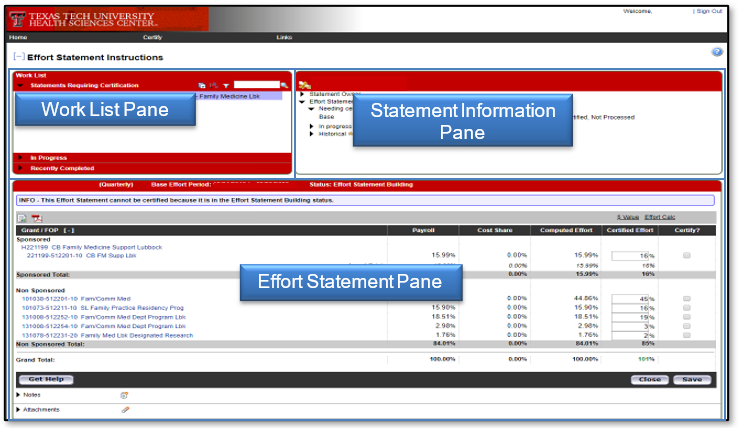 View of the Work List, Statement Information, and Effort Statement panes
