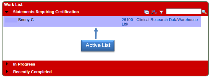 View of the Work List pane with Active list