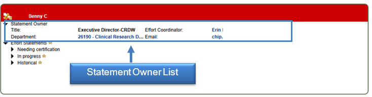 View of the Statement Owner list pane