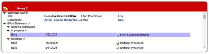 View of the Effort Statement pane and the lists