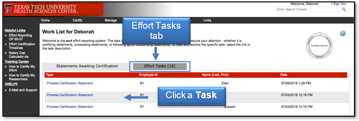The Effort Tasks tab displays number of tasks; click a task