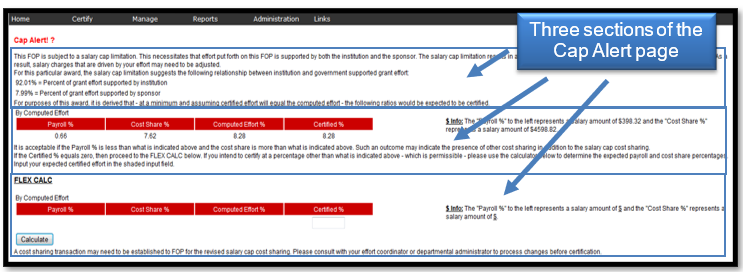 The three sections of the Cap Alert page displayed