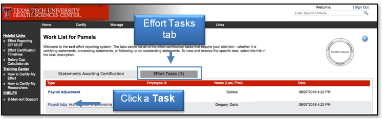 From the Effort Tasks tab, click a Task