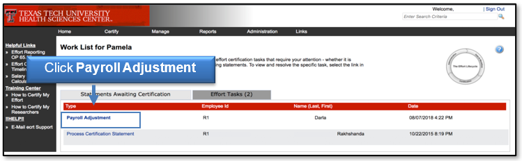 Click Payroll Adjustment link