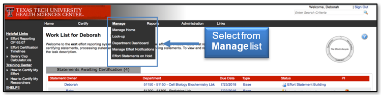 Select an option from the Manage drop-down list