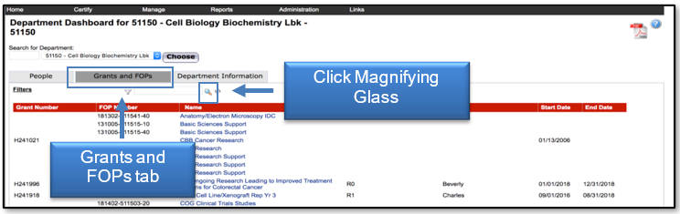Under the Grants and FOPs tab, click the magnifying glass icon to search