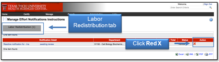 From the Labor Redistribution tab, click the red X under the Action column