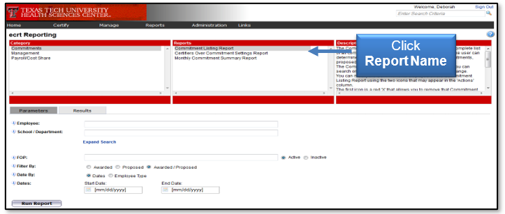 Click the report name in the Reports pane