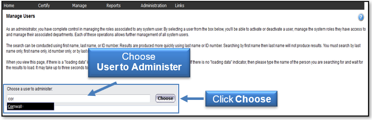Choose a User to Administer, then click Choose button