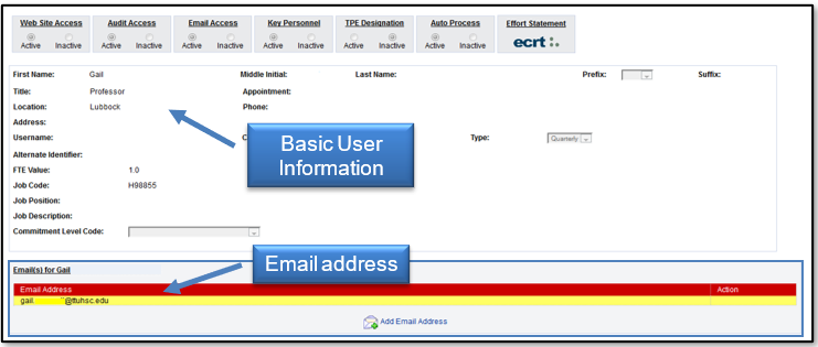 Basic user information and email address will show in the top section
