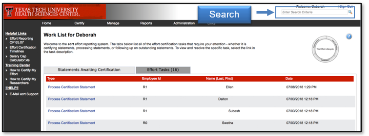 Use the Search field to find results