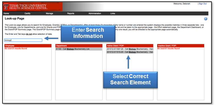 Enter Search information to look again or select Correct Search Element