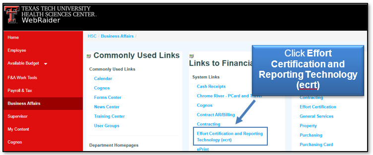 Click the Effort Certification and Reporting Technology link