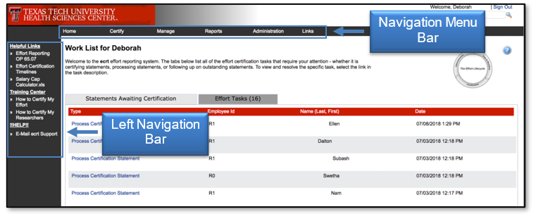 The Navigation menu bar and left Navigation bar are displayed