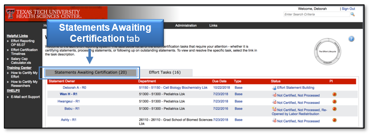 The Statements Awaiting Certification tab is displayed