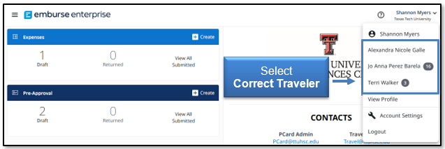 Image in Emburse Enterprise, from the dashboard click your account name and then select the correct traveler