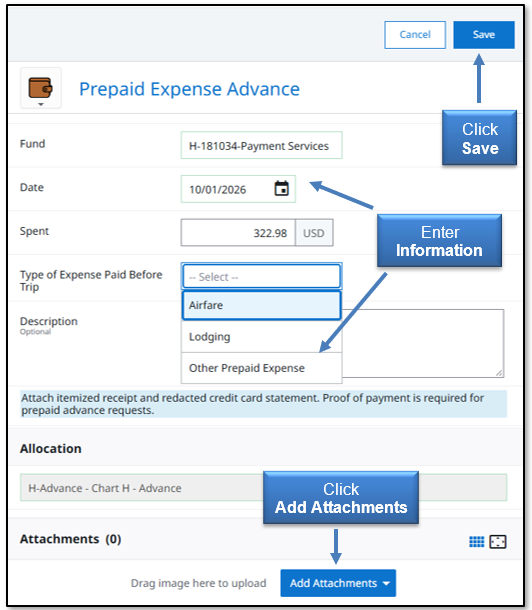 Image in Emburse Enterprise, enter the information for Prepaid Expense Advance then click Save button