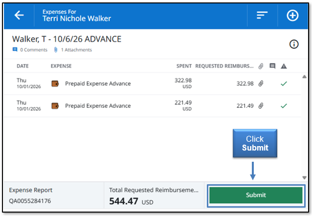 Image in Emburse Enterprise, click Submit when all line items have been completed